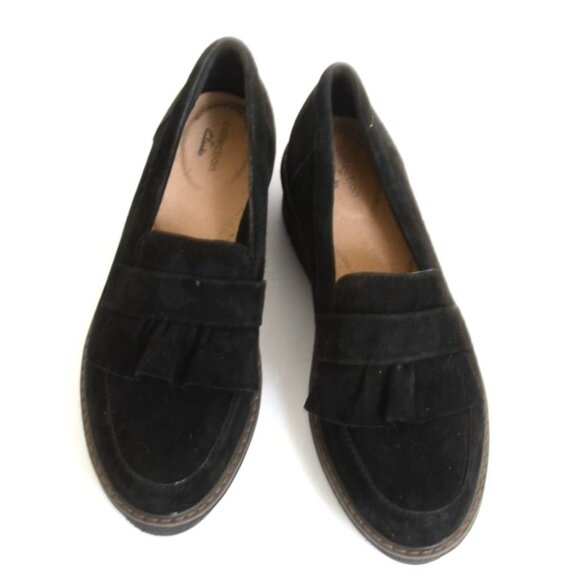 Clarks Women's 8 Airabell Slip On Tassle Loafer Black Suede Wedge Platform - Picture 8 of 10